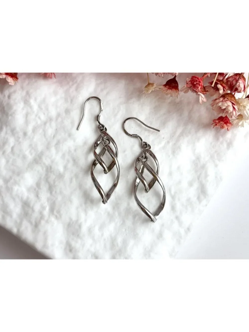 Double Marquise Shaped Art Deco Vintage Sterling Silver 925 Dangle Drop Earrings